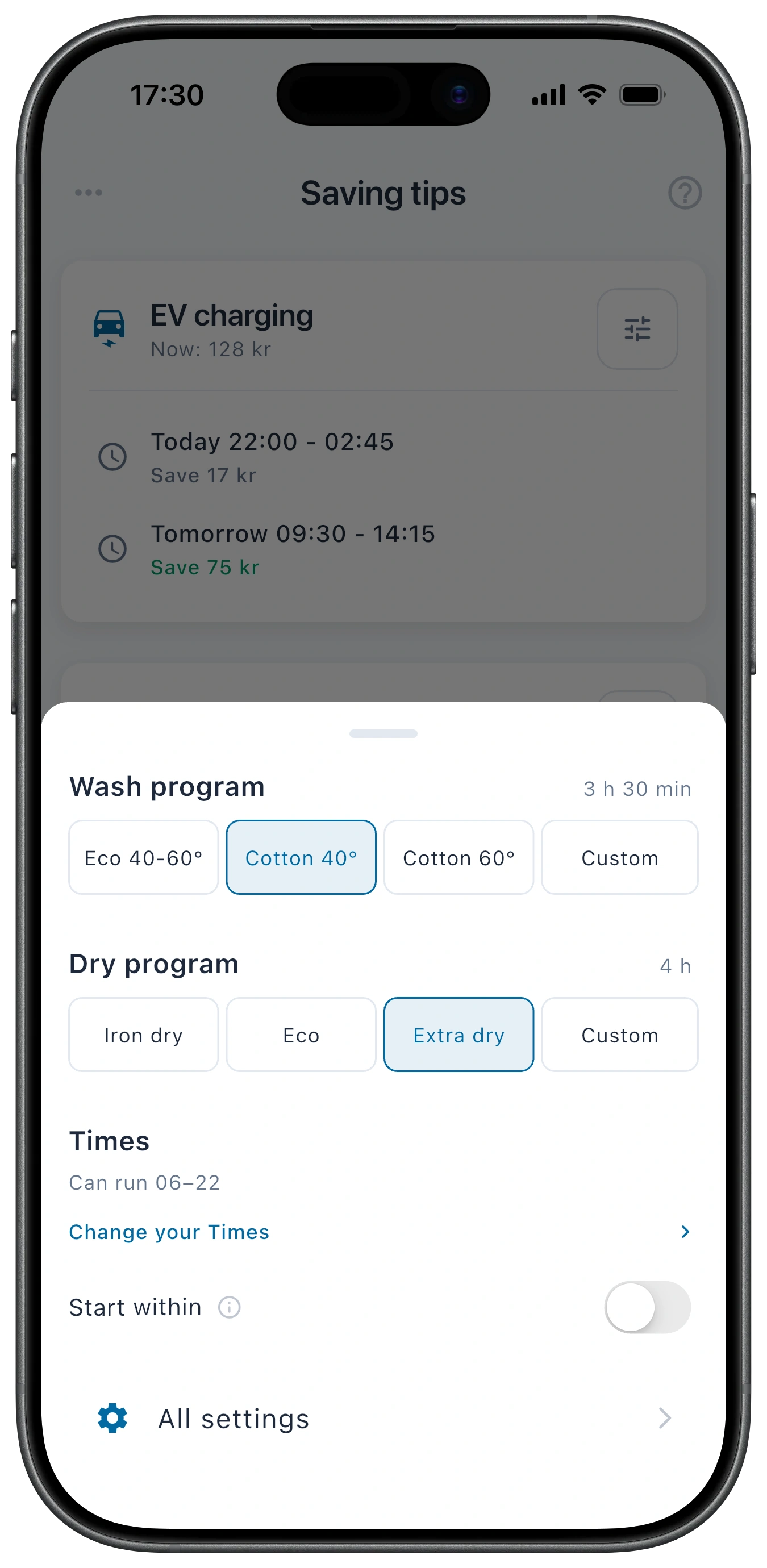Laundry quick settings