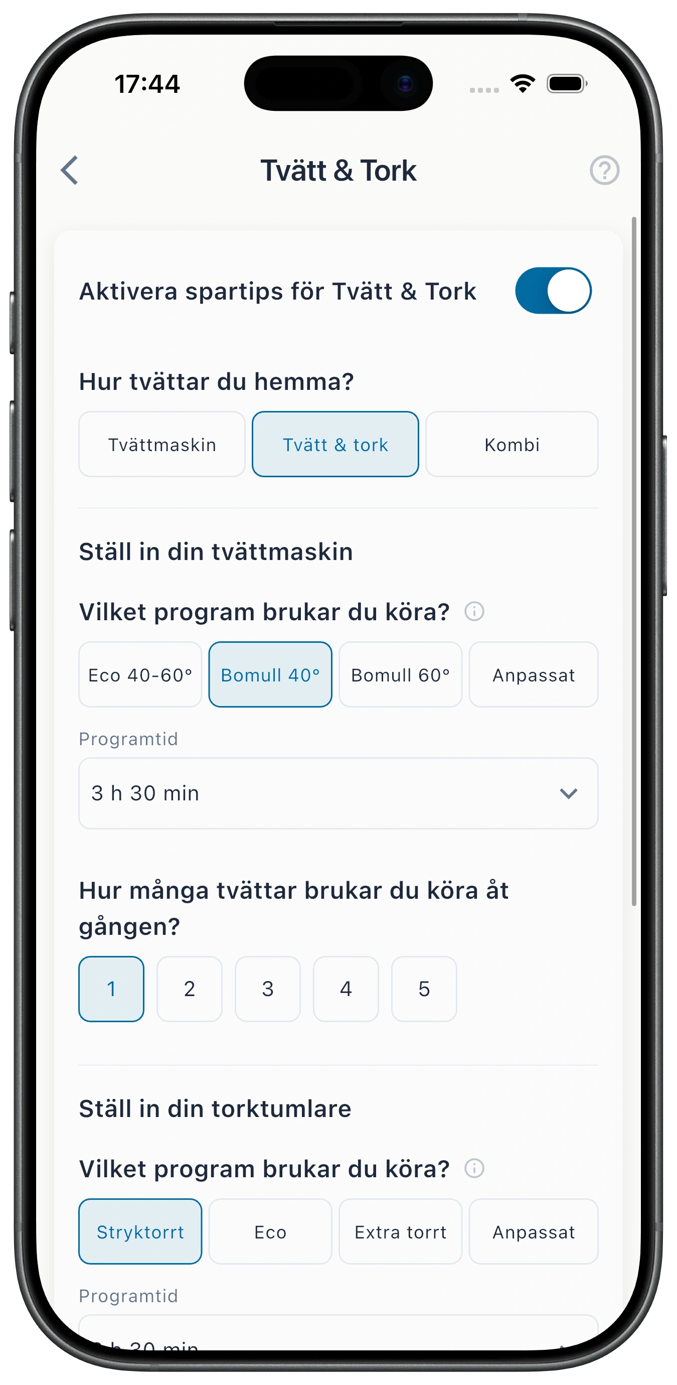 Inställningar för tvätt