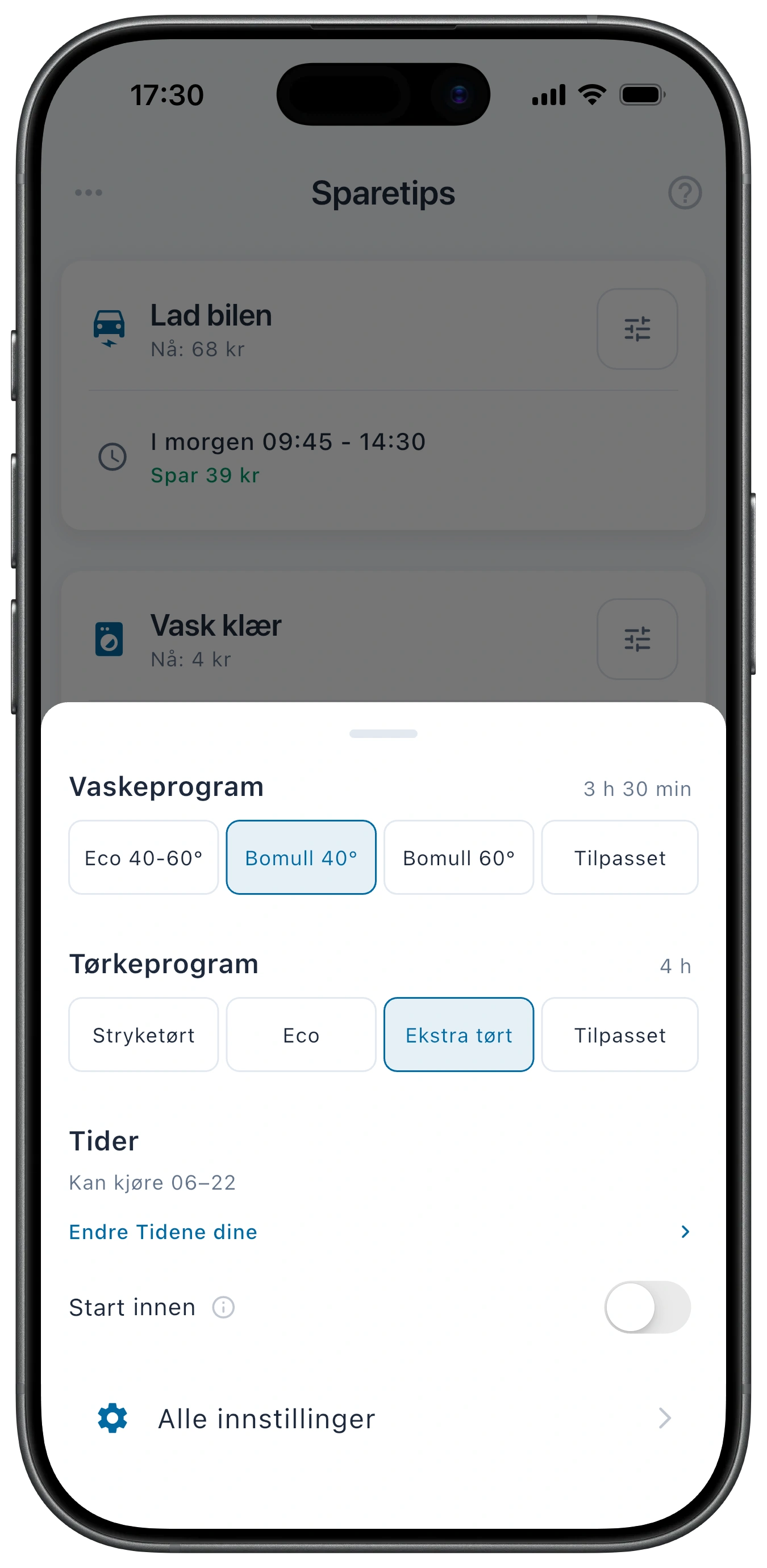 Hurtiginnstillinger for vask