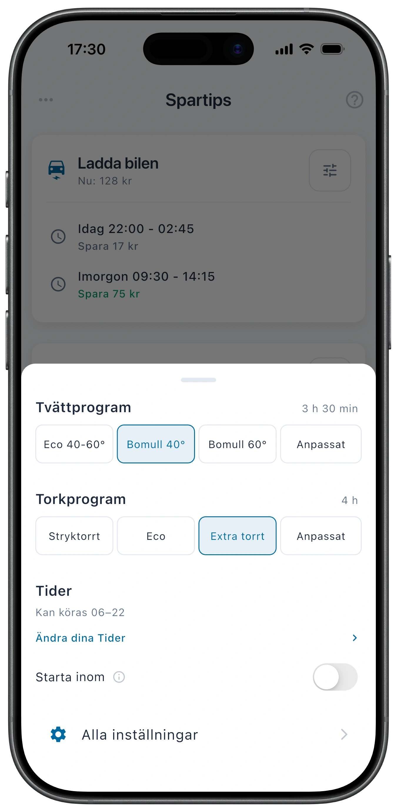 Snabbinställningar för tvätt